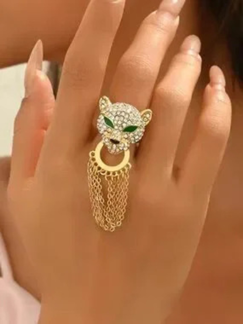 Anthropologie Gold Panther Chain Drop Cocktail Ring with Green Eyes